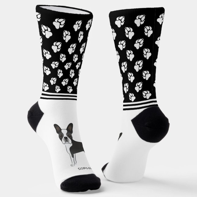 Chaussette Térrier de Boston noir et blanc avec nom et pattes (Angulaire)