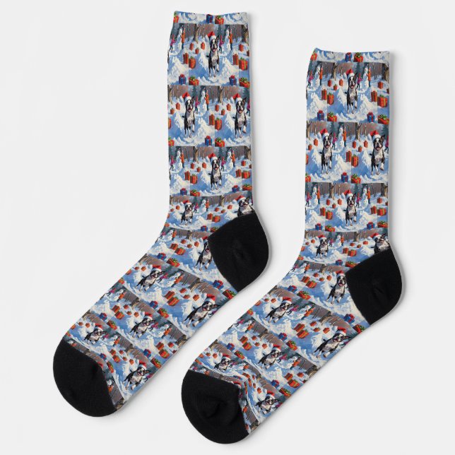 Chaussette Térrier de Boston Scène de neige festive de Noël (Gauche)
