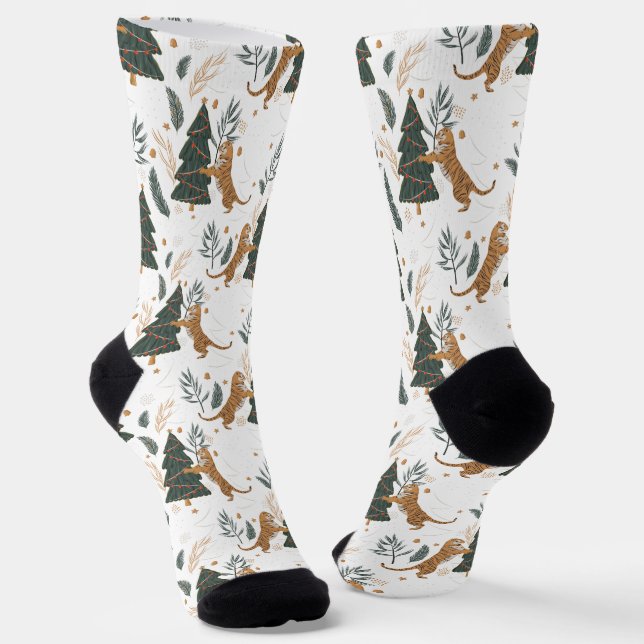 Chaussette Tigre mignon et arbres de Noël Motif sur blanc (Angulaire)
