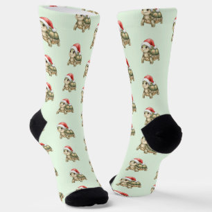 Chaussette Tortue de Noël à chapeau de Père Noël aquarelle fe