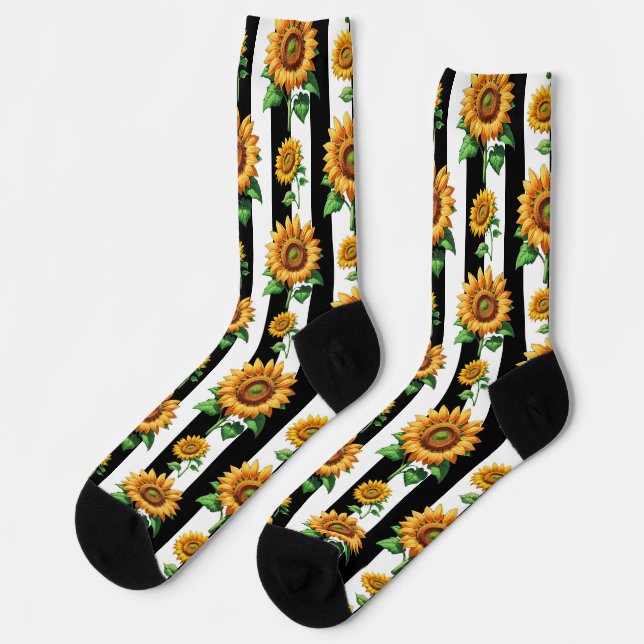 Chaussette Tournesol Floral noir blanc rayures (Gauche)