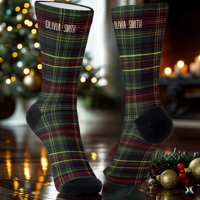 Chaussette Tradition Vert & Bourgogne Noël Plaid Custom (Créateur téléchargé)