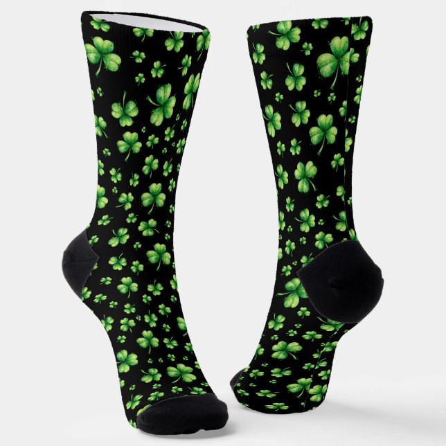 Chaussette Trèfle aquarelle de la Saint-Patrick sur fond noir (Angulaire)