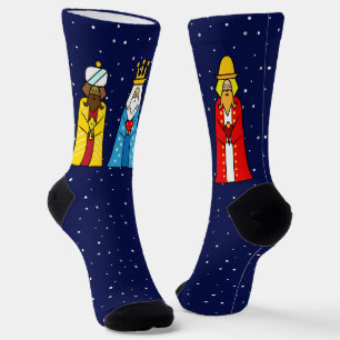 Chaussette Trois Sages & Flocons de neige sur fond bleu marin