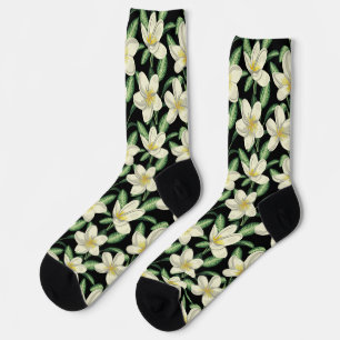 Chaussette Tropical continu motif fleurs blanches feuille ver