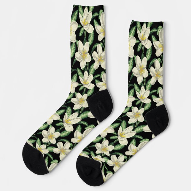 Chaussette Tropical continu motif fleurs blanches feuille ver (Gauche)