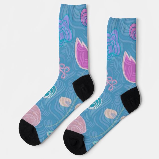 Chaussette Tulipe florale moderne bleu rose et violet (Gauche)