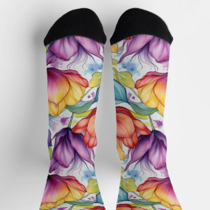 Chaussette Tulipes en Rose Violet Or Encre Alcoolique Vintage