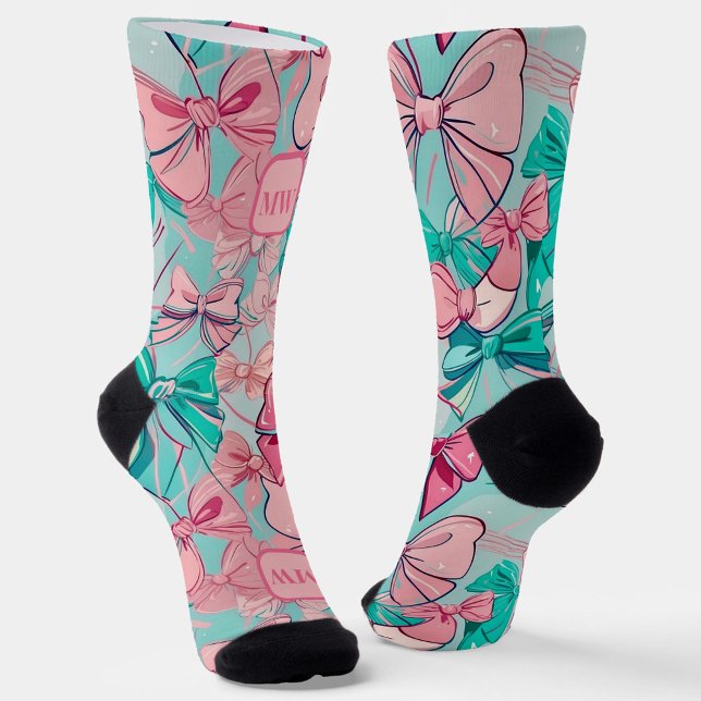 Chaussette Turquoise rose moderne gros arcs monogramme chic (Créateur téléchargé)