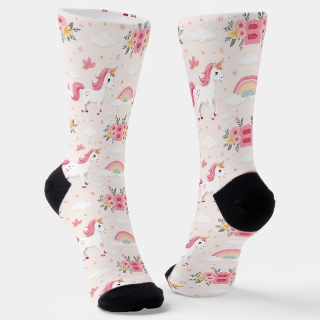 Chaussette Unicornes Dreamy, Arcs-en-ciel, Fleurs, Chic (Angulaire)