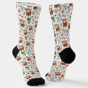 Chaussette Vaches Highland et fleurs roses Motif Floral