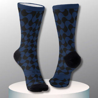 Chaussette Vagues abstraites bleues et noires avec texte