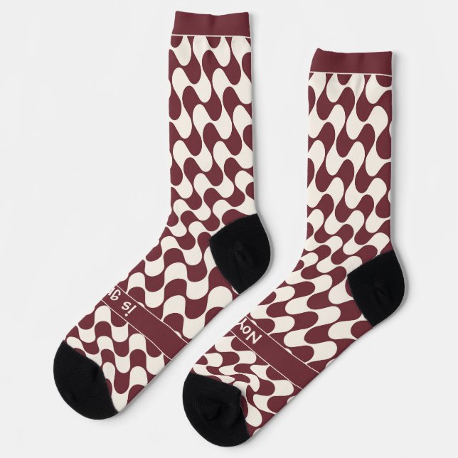 Chaussette Vagues abstraites rouges et blanches avec texte (Gauche)