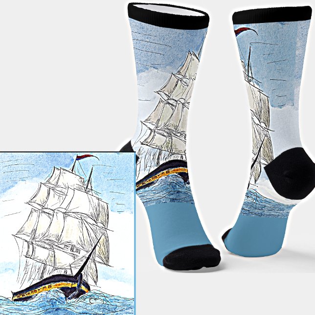 Chaussette Vagues de voilier en mer Illustration Bleu clair (Créateur téléchargé)