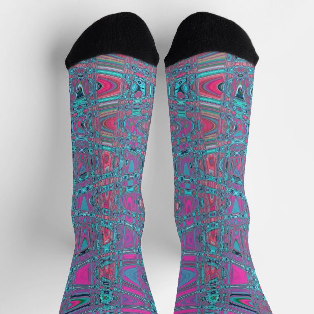 Chaussette Vagues Zigzag Rétro Abstraites Bleues et Magenta (Haut)