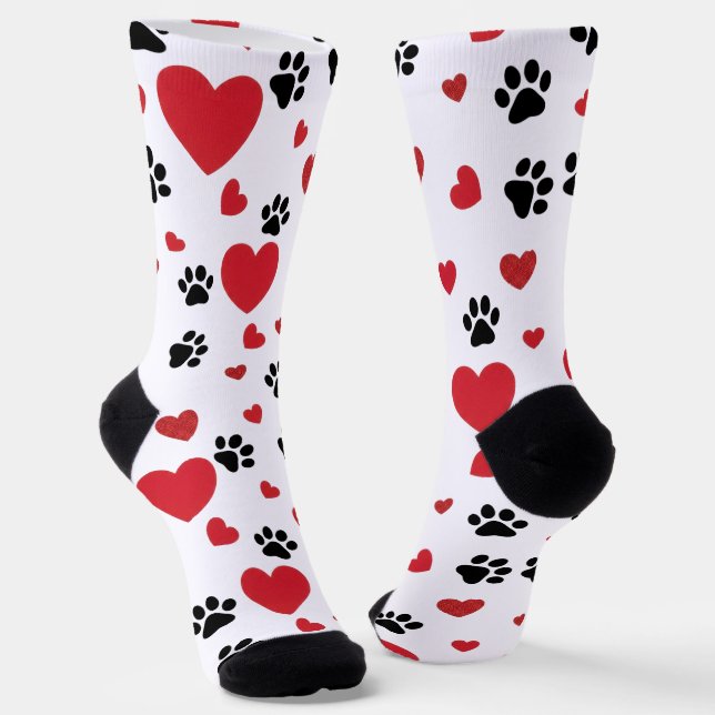 Chaussette Valentine's Day Paw Prints and Red Hearts Pattern  (Angulaire)