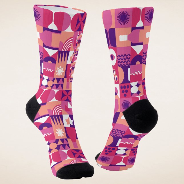 Chaussette Verre à vin rose violet rétro motif Bauhaus (Créateur téléchargé)