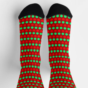 Chaussette Vert et rouge à pois rayures sur fond rouge Noël