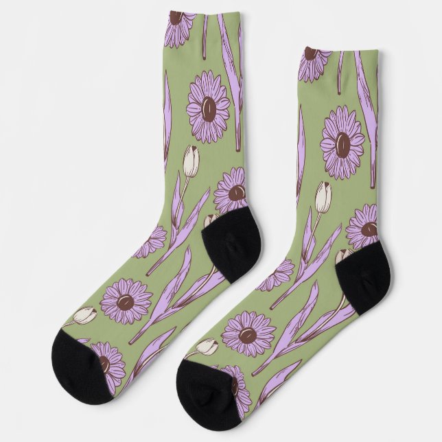 Chaussette Vert violet rétro Y2K Funky Hippie Flower Motif (Gauche)