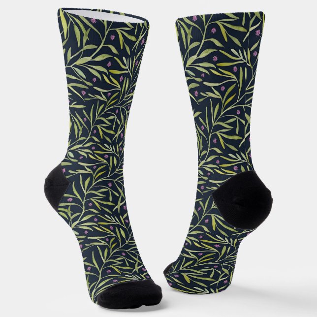 Chaussette Vignes feuillues vertes sereines avec fleurs roses (Angulaire)