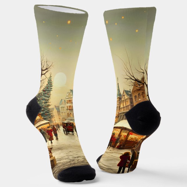 Chaussette Village de Noël hivernal vintage enneigé (Angulaire)