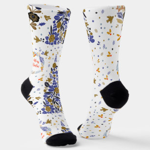 Chaussette Vintage bleu Noël Oiseau Fleurs Arbre