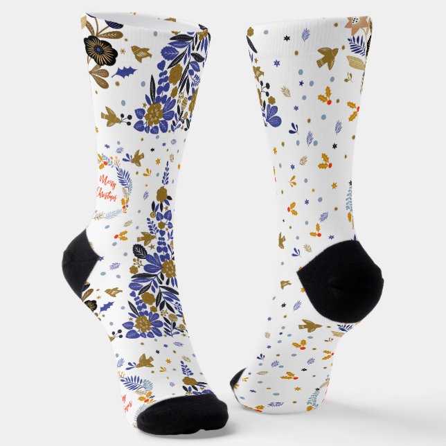 Chaussette Vintage bleu Noël Oiseau Fleurs Arbre (Angulaire)