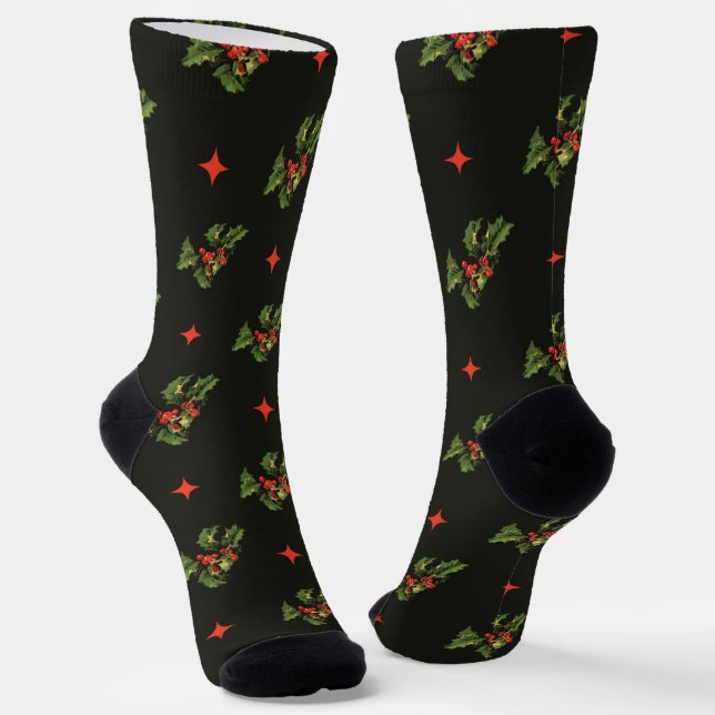 Chaussette Vintage Christmas Holly Feuilles et étoiles Motif (Angulaire)