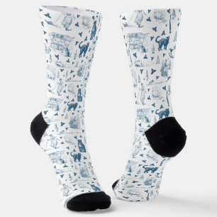 Chaussette Vintage Retro Toile Motif Chat Catnip Blanc Bleu