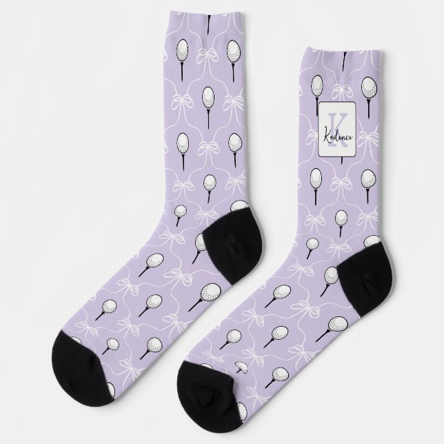 Chaussette  Violet Préparé avec Nœud Blanc Motif de Golf Mono (Gauche)