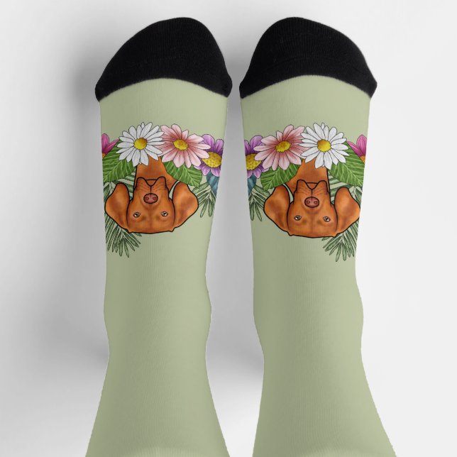 Chaussette Vizsla Hongroise Et Fleurs D'Été Colorées Vert (Haut)