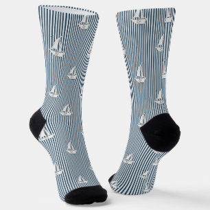 Chaussette Voiliers marins côtiers sur rayures bleues et blan