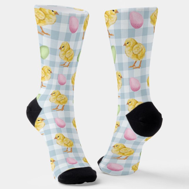 Chaussette Watercolor Chick And Eggs On Blue Gingham Pattern (Angulaire)