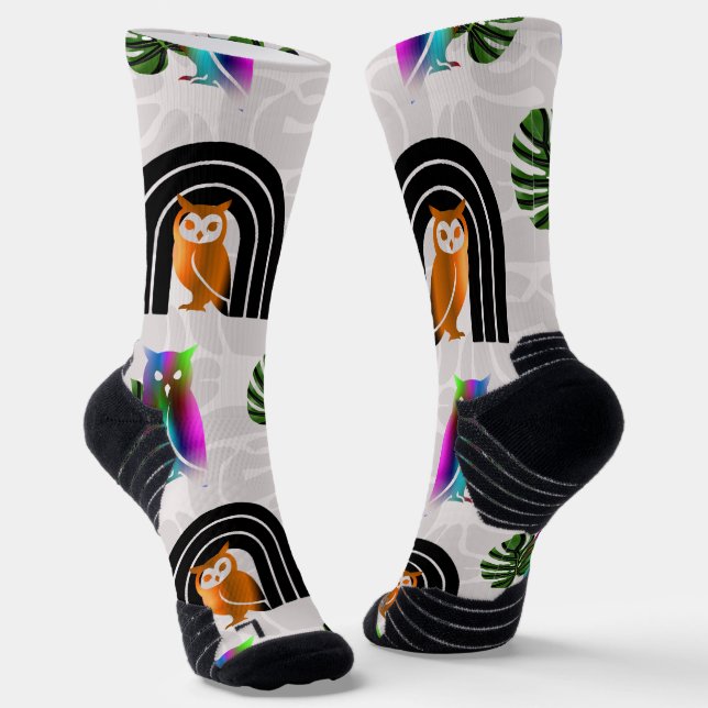 Chaussette Whimsical Boho Owl & Tropical Monstera Leaf (Angulaire)
