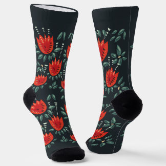 Chaussette Whimsical Red Tulips Floral Art - Printemps Abstra