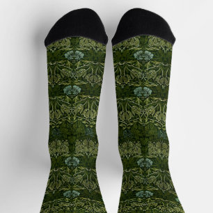 Chaussette William Morris Grand Feuille vert & Fleur bleue
