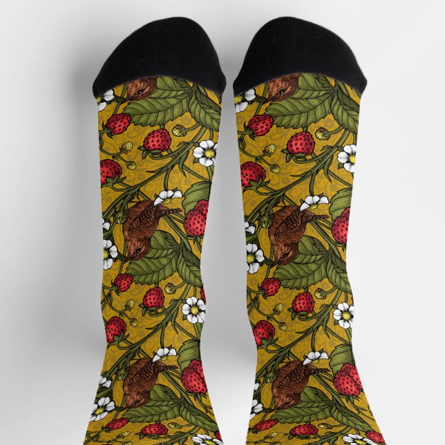 Chaussette Wrens and strawberries on mustrard (Haut)