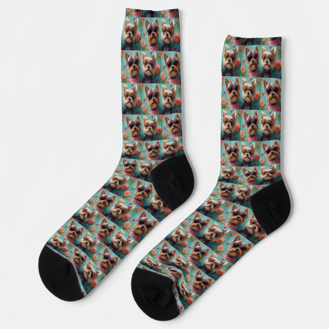 Chaussette Yorkshire Terrier avec Roses de coeur Saint Valent (Gauche)