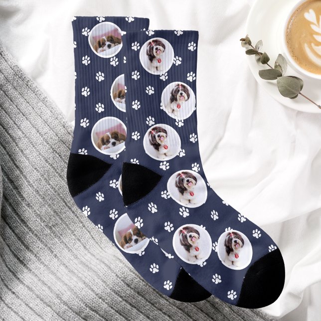 Chaussettes Empreintes de pattes personnalisées Ph (Custom Dog Photo Blue Paw Print Socks)