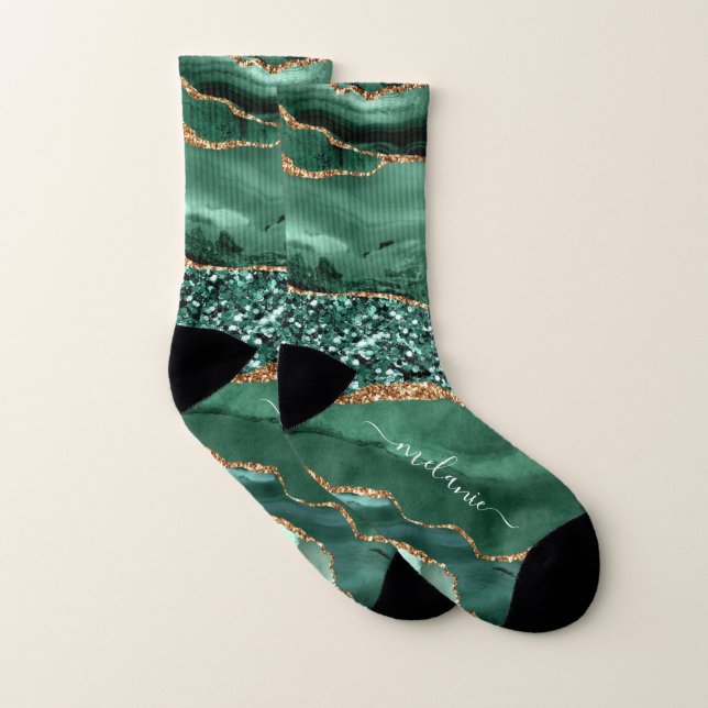 Chaussettes en marbre Emerald Green Gold avec nom  (Paire)