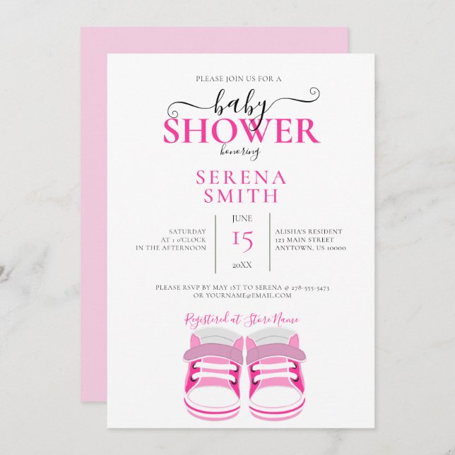 Chaussures Bébé Rose Cute BABY SHOWER Invitation (Devant / Derrière)