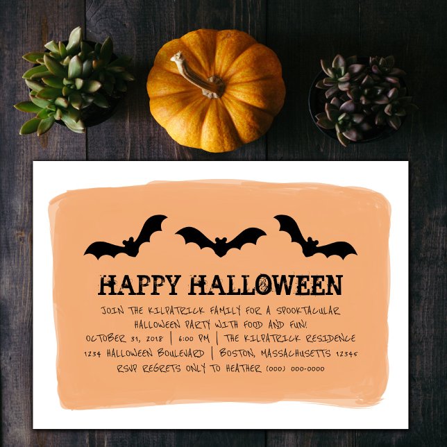 Chauve-souris orange Halloween Invitation de la fê (Orange Watercolor Bats Halloween Party Invite)