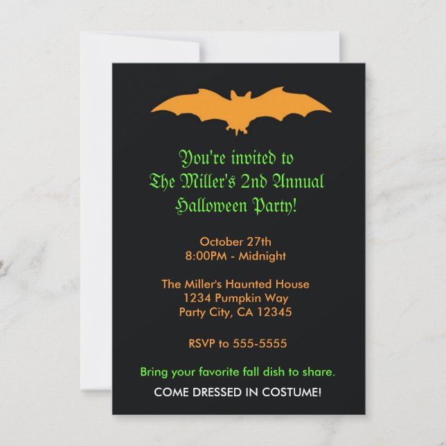 Chauve-souris orange Halloween sur invitation de f (Devant)
