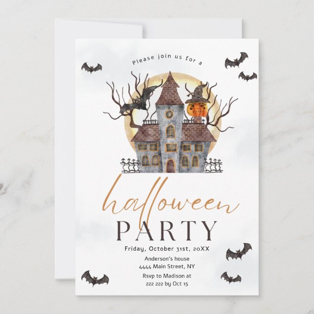 Chauves-souris Hantées Maison Halloween Invitation (Devant)