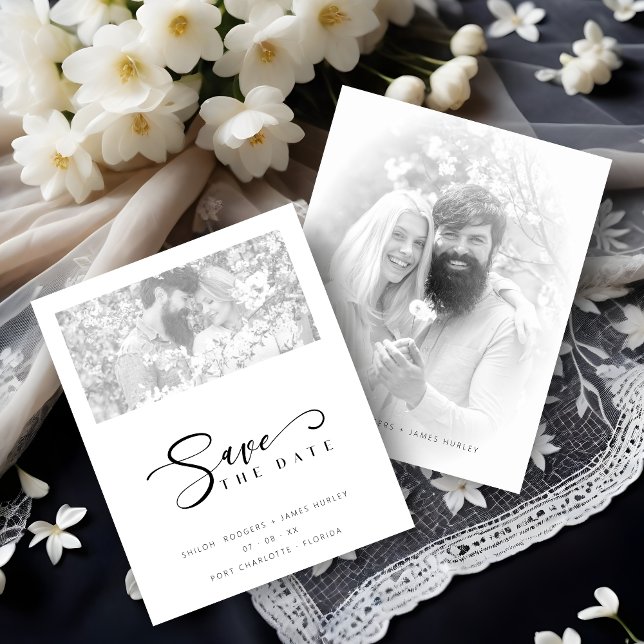 Cheap Vellum Effect Elegant Minimalist Black White (Cheap Vellum Effect Chic Minimalist Black and White Photo Wedding Save the date Card.)
