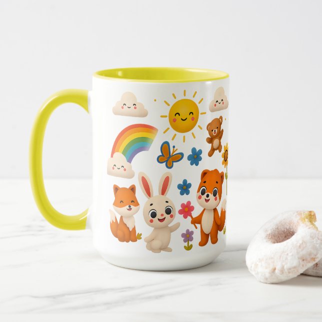 Cheerful Animals and Rainbow Ceramic Mug (Avec donut)