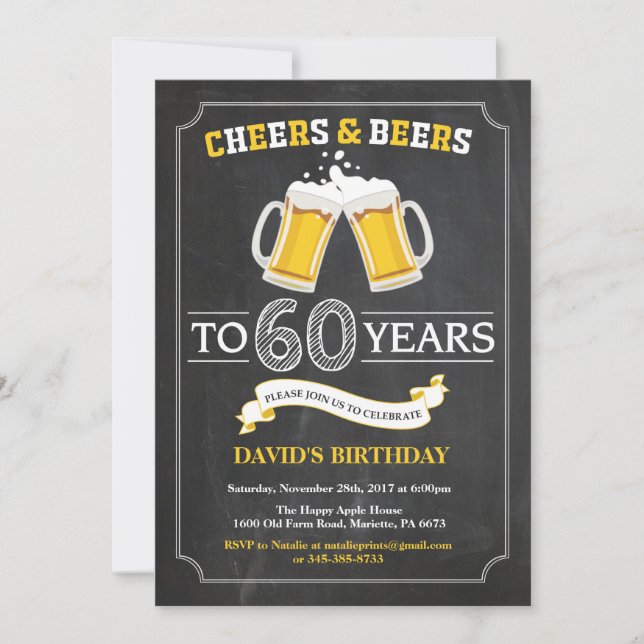 Cheers and Beers 60th Birthday Invitation Card (Devant)