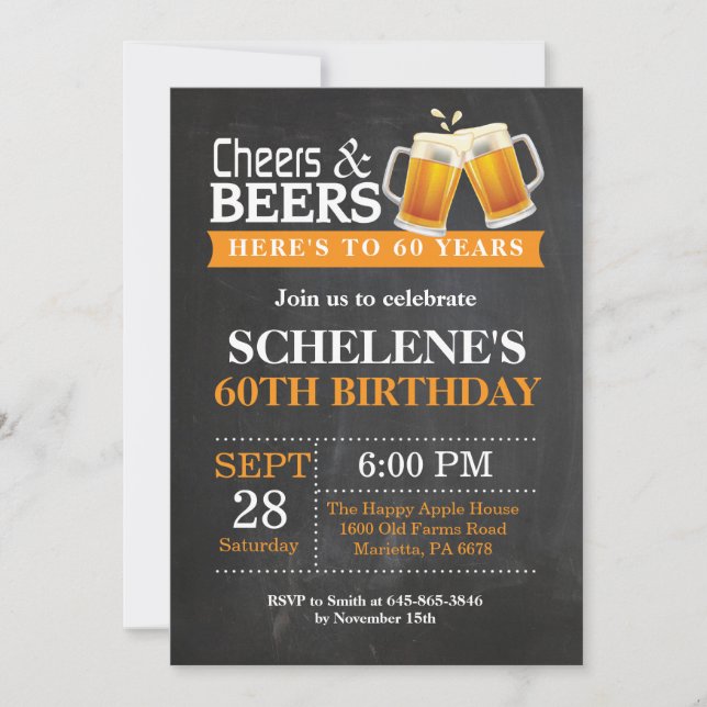 Cheers and Beers 60th Birthday Invitation Card (Devant)