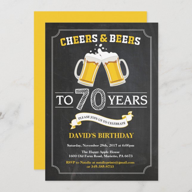 Cheers and Beers 70th Birthday Invitation Card (Devant / Derrière)