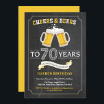 Cheers and Beers 70th Birthday Invitation Card<br><div class="desc">Salutations et bières 70e anniversaire Invitation Card avec arrière - plan en tableau noir. 16ème 18ème 21ème 30ème 40ème 60ème 70ème 80ème 90ème 100ème. N'Importe Quel Âge. Pour plus de personnalisation,  cliquez sur le bouton "Customiser" et utilisez notre outil de conception pour modifier ce modèle.</div>